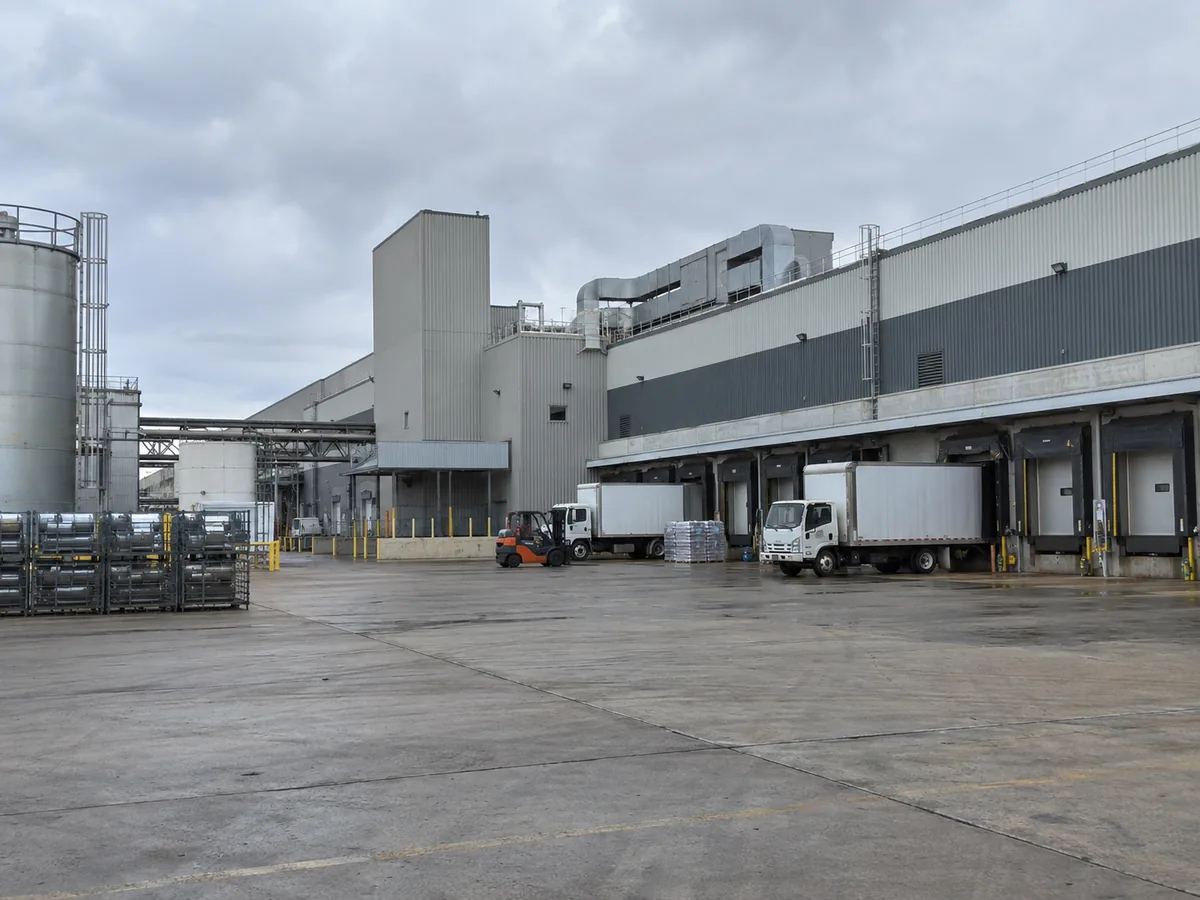 Anonymous large HVAC manufacturing campus exterior with loading bays, rooftop plant and shipping activity.