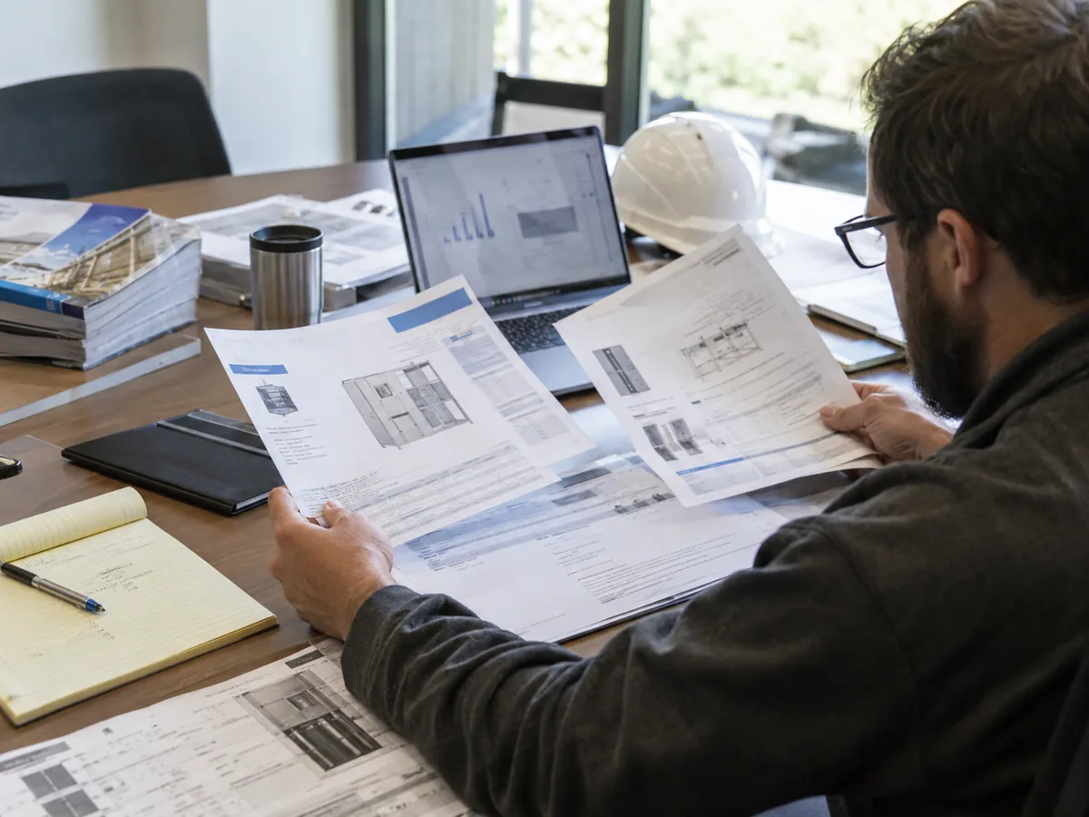 HVAC engineer reviewing product catalogs, annual-report printouts and technical submittal sheets.