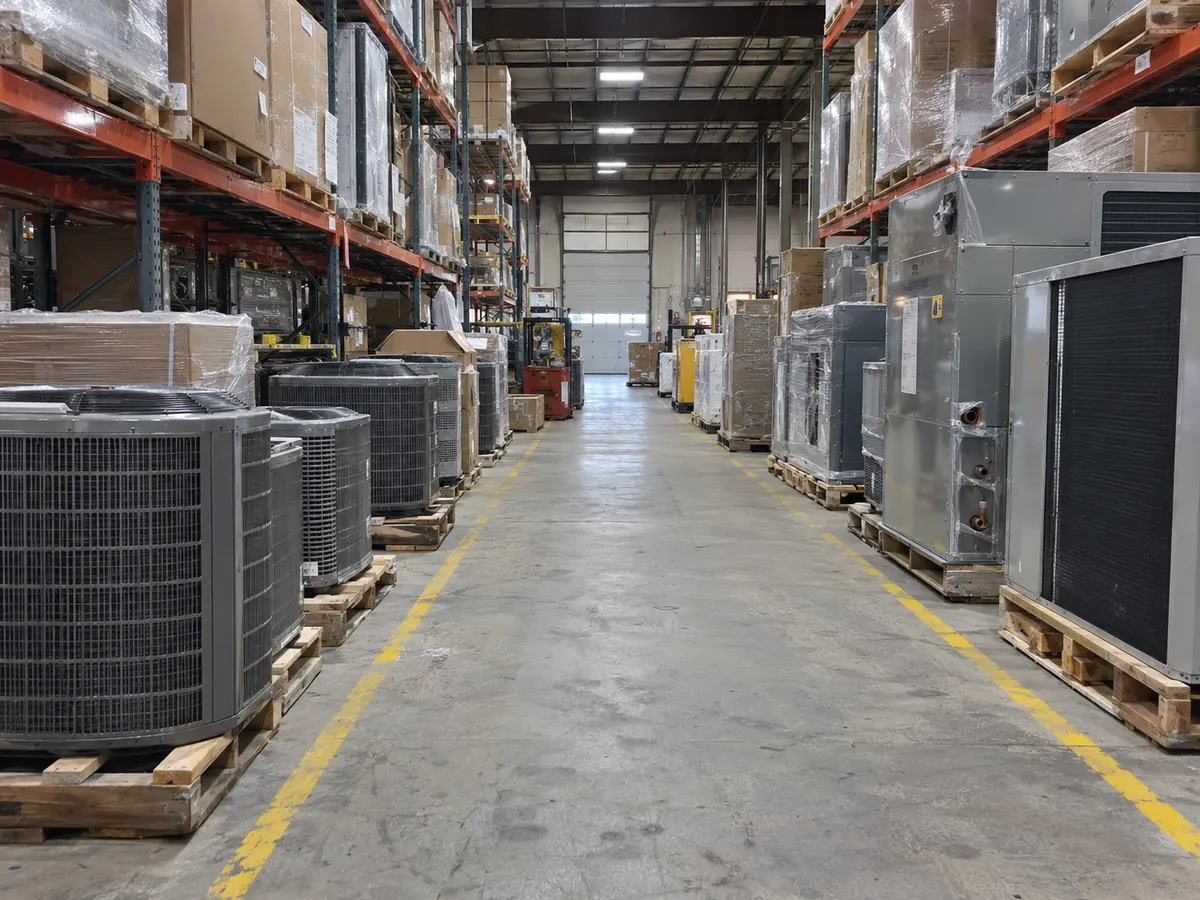 Distributor warehouse aisle with different generic HVAC product families ready for inventory and dispatch.
