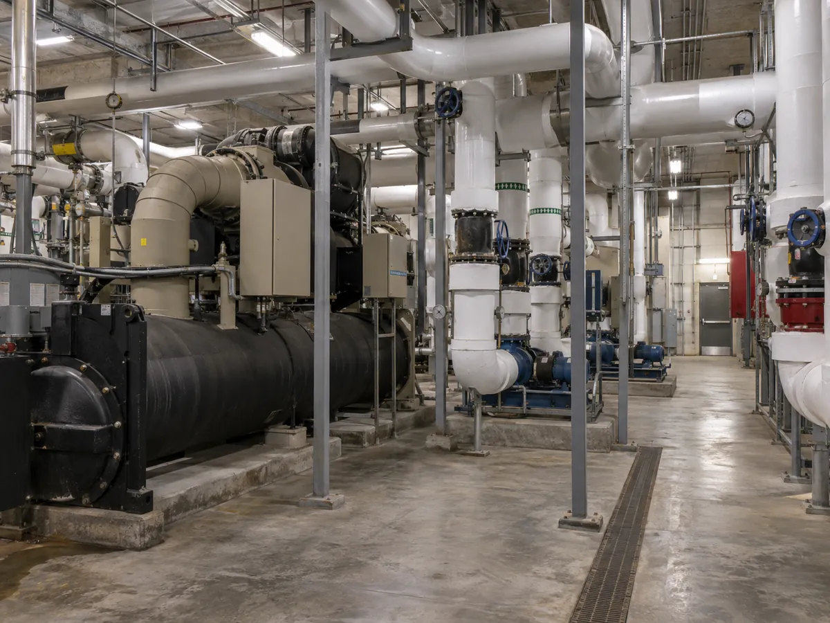 Large commercial mechanical room with generic chillers, pumps and insulated hydronic piping.