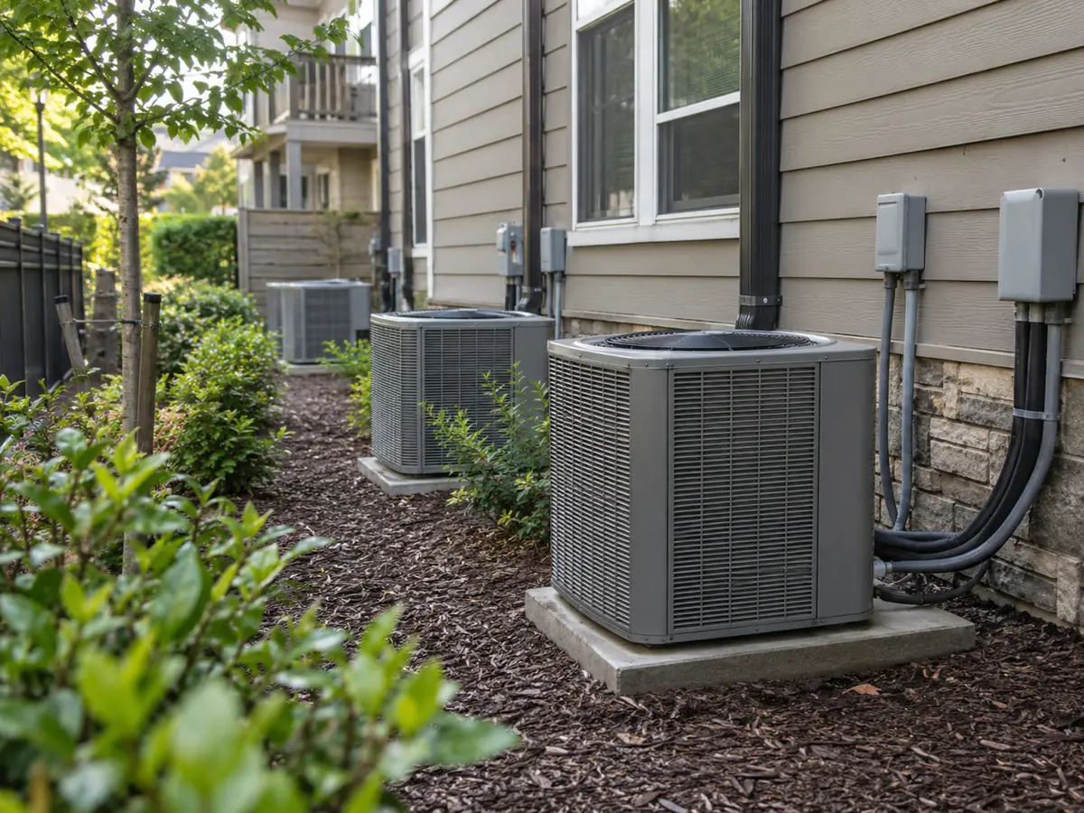 Residential and light-commercial outdoor HVAC units beside a low-rise apartment development.
