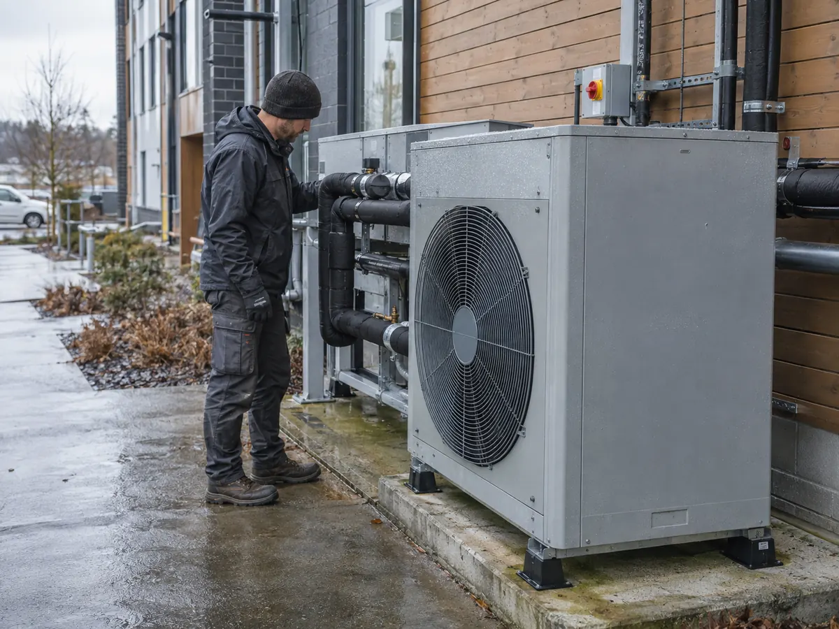 Technician inspecting a generic air-to-water heat-pump outdoor unit in cool wet weather.