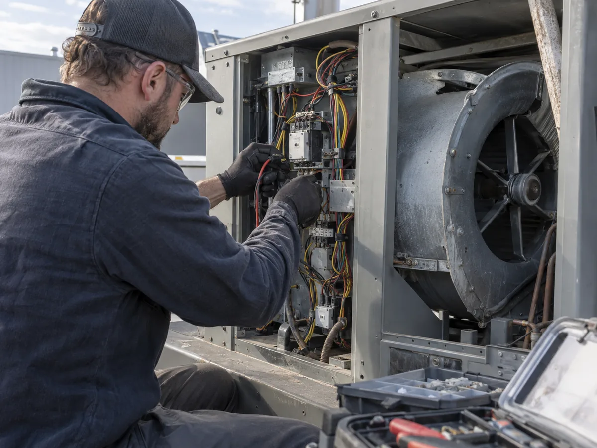 HVAC technician servicing an open generic commercial outdoor unit with tools and parts nearby.