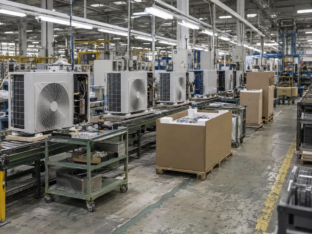 Generic HVAC outdoor-unit assembly and packaging line with unbranded units at different production stages.