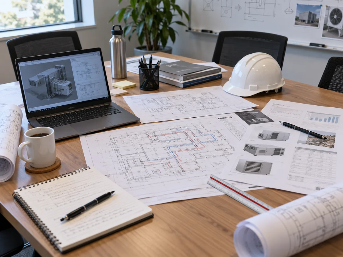 Engineering worktable with HVAC drawings, operating-condition notes and product-family documents.