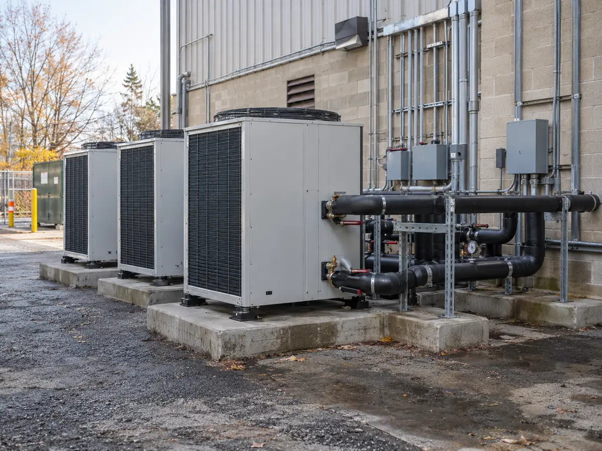 Completed commercial air-to-water heat-pump installation with insulated hydronic piping and maintenance clearance.