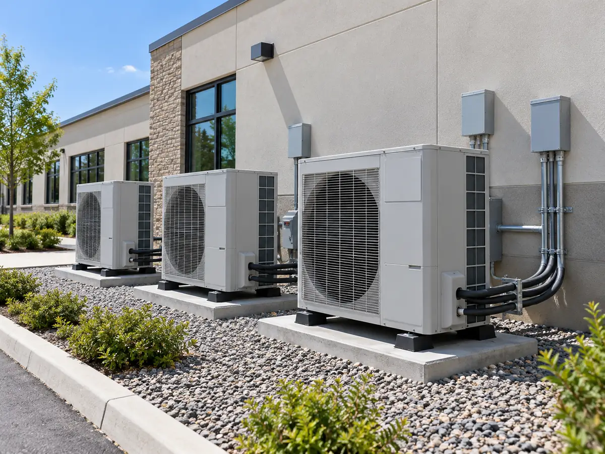 Multiple heat pump outdoor units installed beside a light commercial building