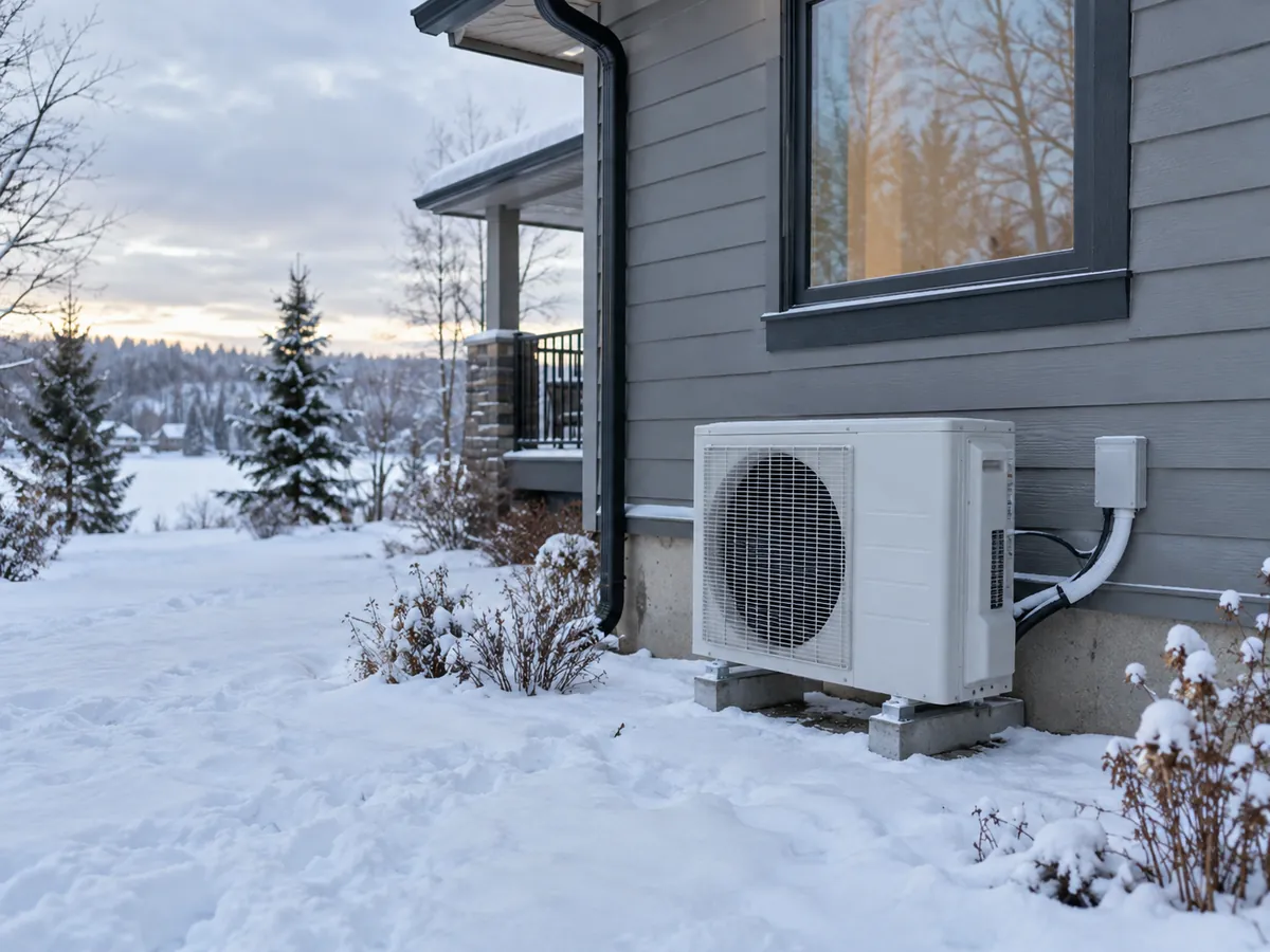 Mini split heat pump outdoor unit operating beside a home in winter