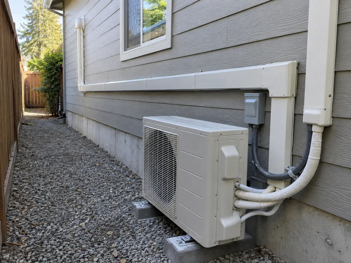 Mini split outdoor installation with long line-set covers, drainage, and electrical routing