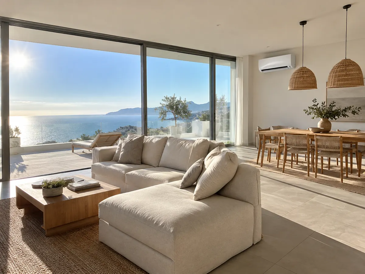 Mini split air conditioner in a sun-exposed villa living area with large glazing