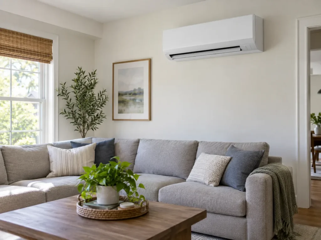 Wall-mounted mini-split heat pump in a residential living room