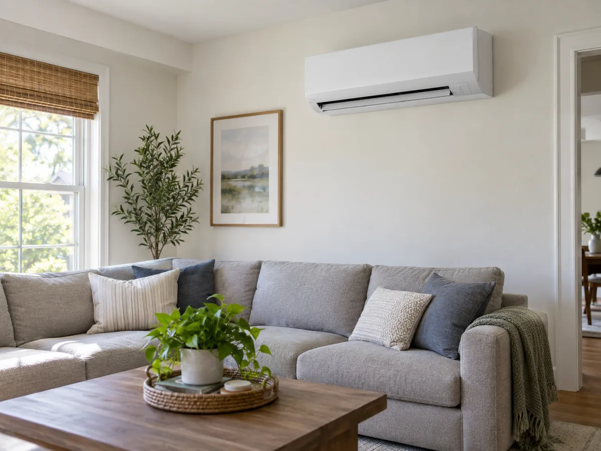 Wall-mounted mini split air conditioner in a modern living room