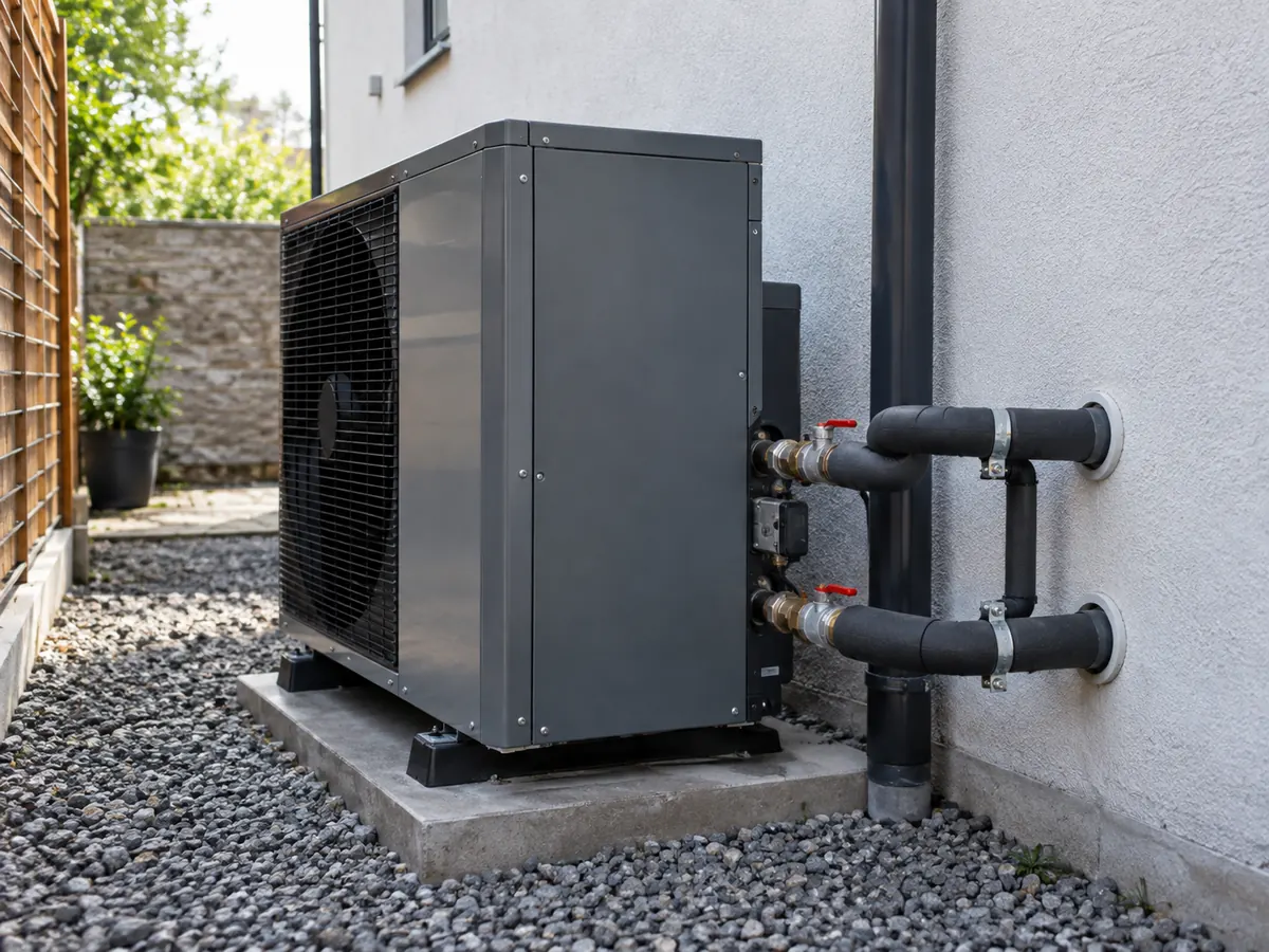 Monobloc heat pump installation with insulated outdoor water supply and return pipes.