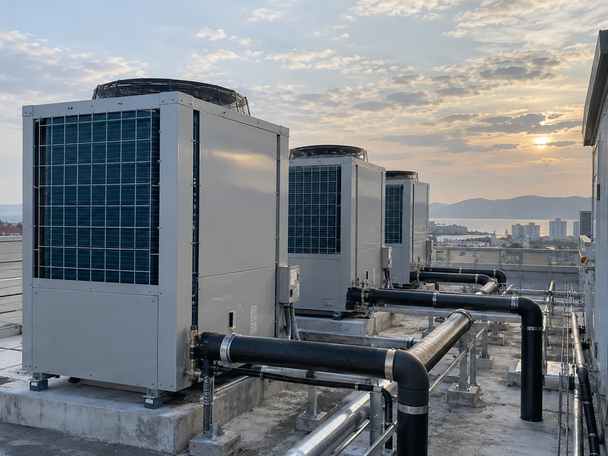 Multiple rooftop heat pump units connected by insulated piping at sunset