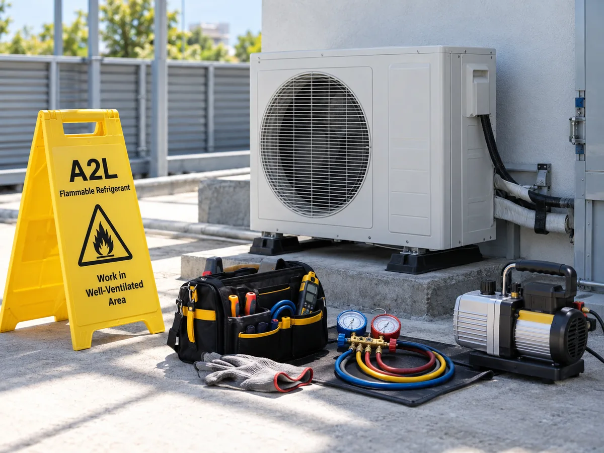 R32 A2L service area with ventilation, tools and refrigerant-handling equipment