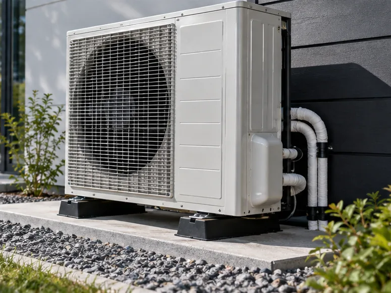 Completed heat pump outdoor unit installation beside a modern building
