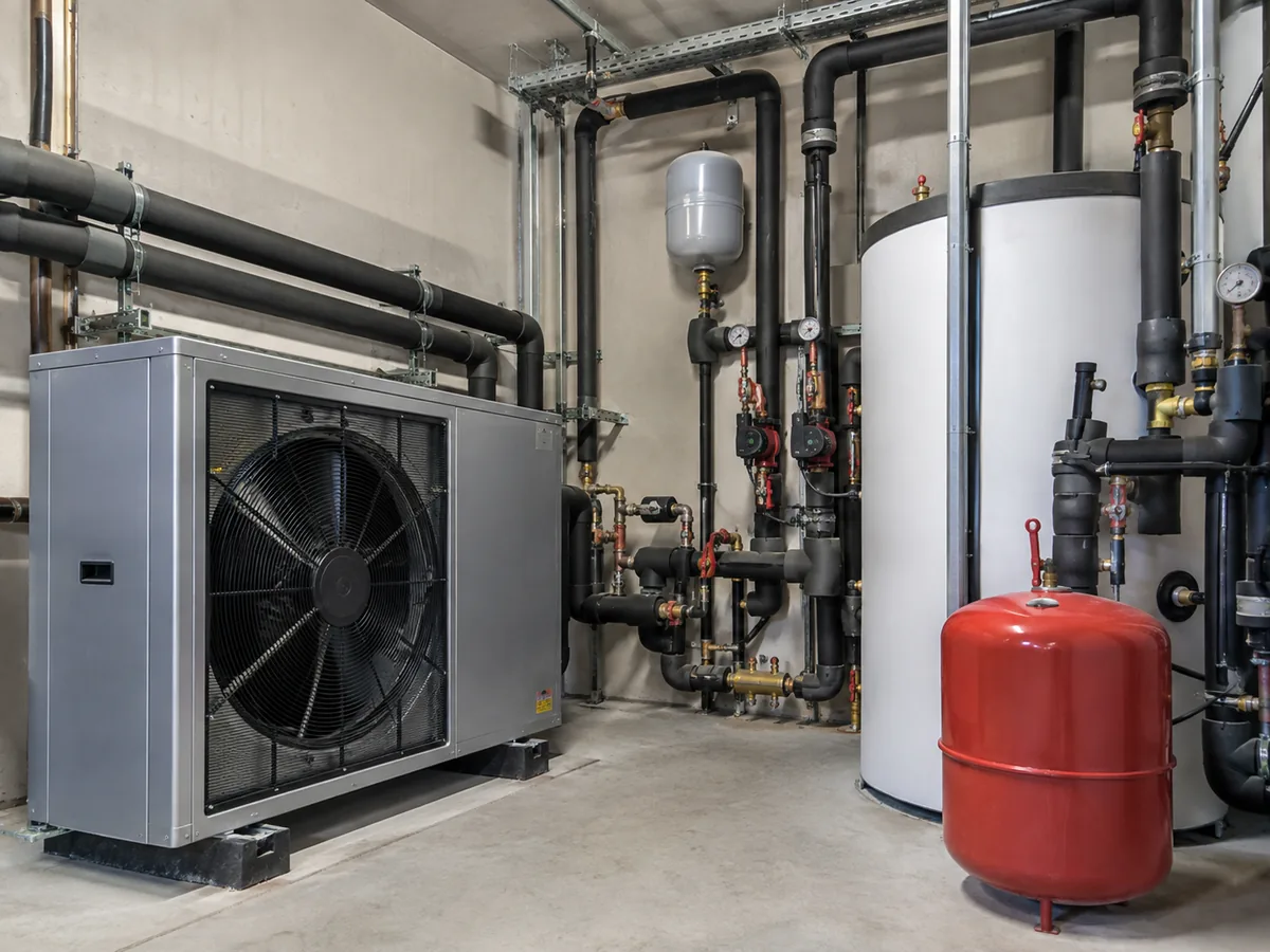 Mechanical-room heat pump system showing operating context beyond a PT chart