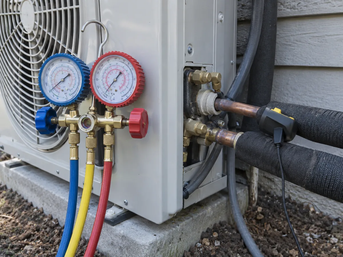 Manifold gauge and pipe temperature clamp on an outdoor HVAC service setup
