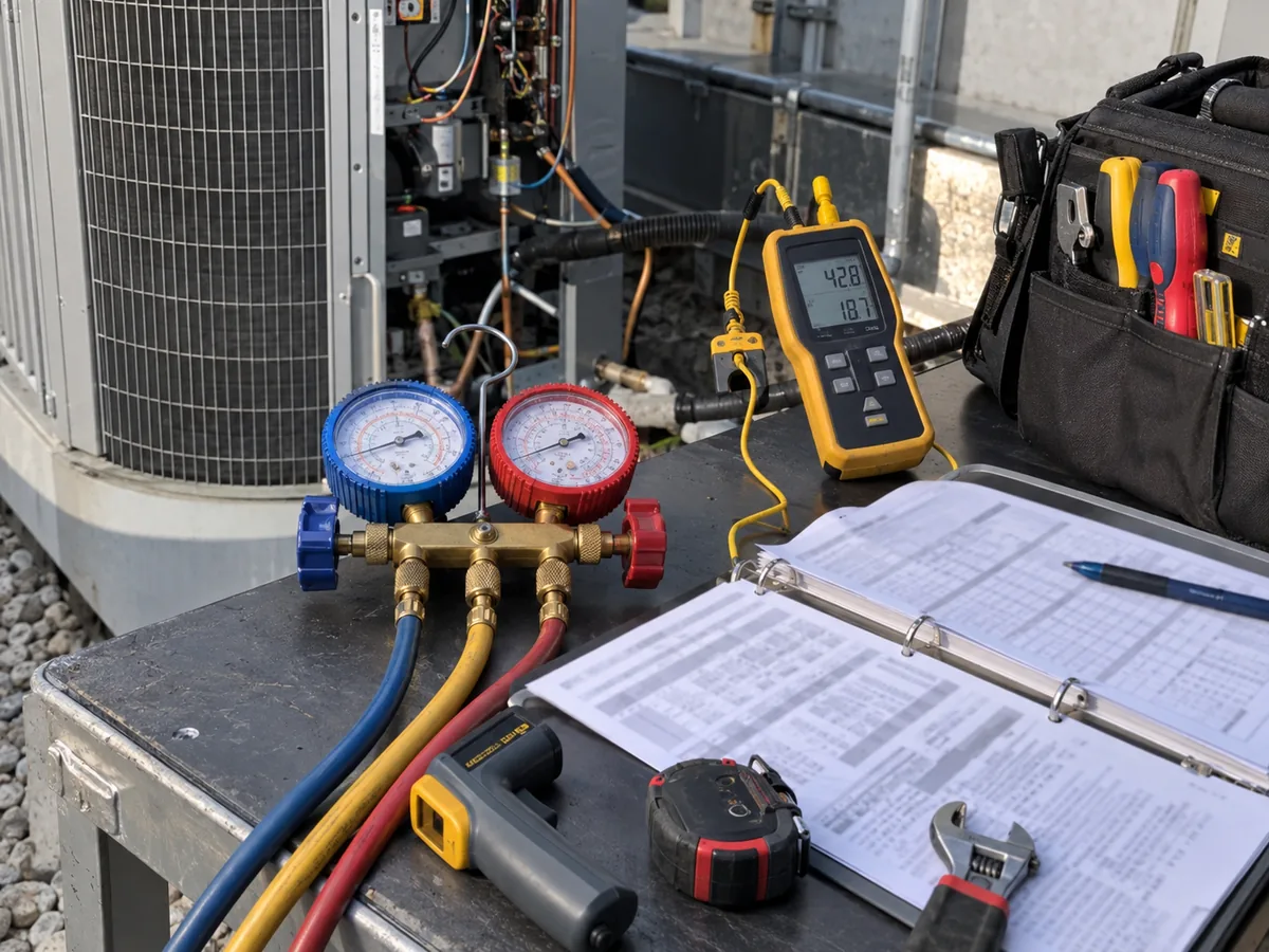 HVAC tools and service reference materials used to cross-check pressure and temperature data