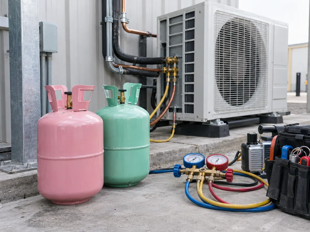 HVAC outdoor unit with refrigerant service cylinders for R32 and R454B comparison