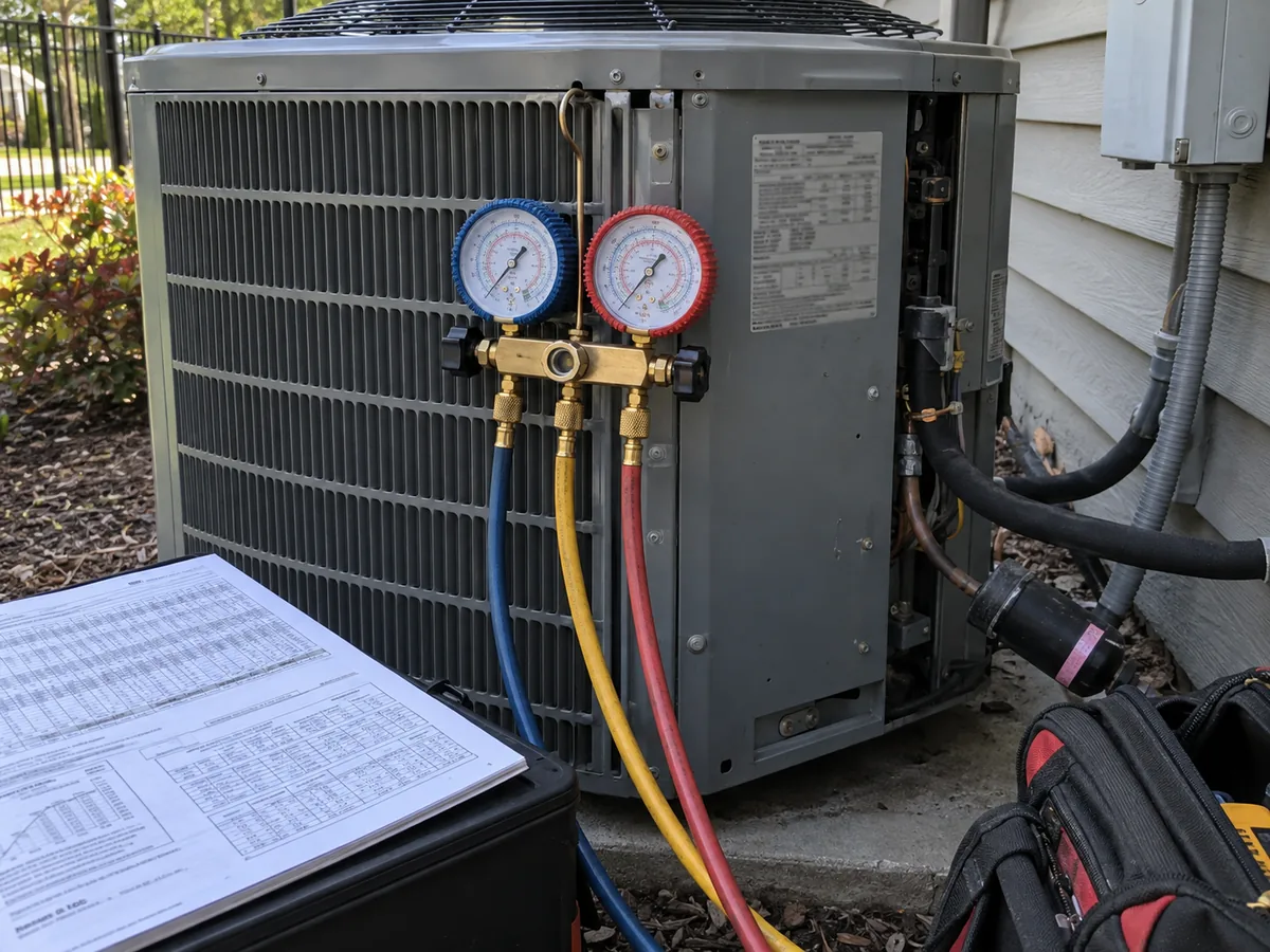 HVAC service setup used to verify equipment and refrigerant information before PT lookup