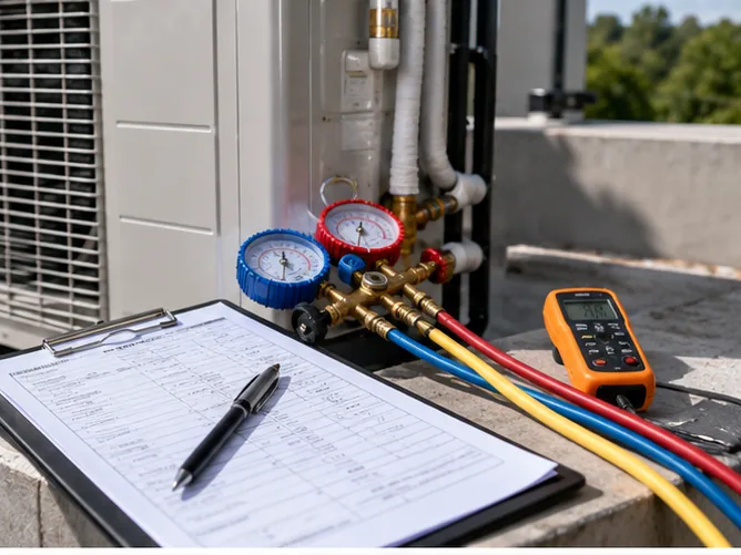 R32 outdoor unit with gauge set and commissioning worksheet for operating data capture