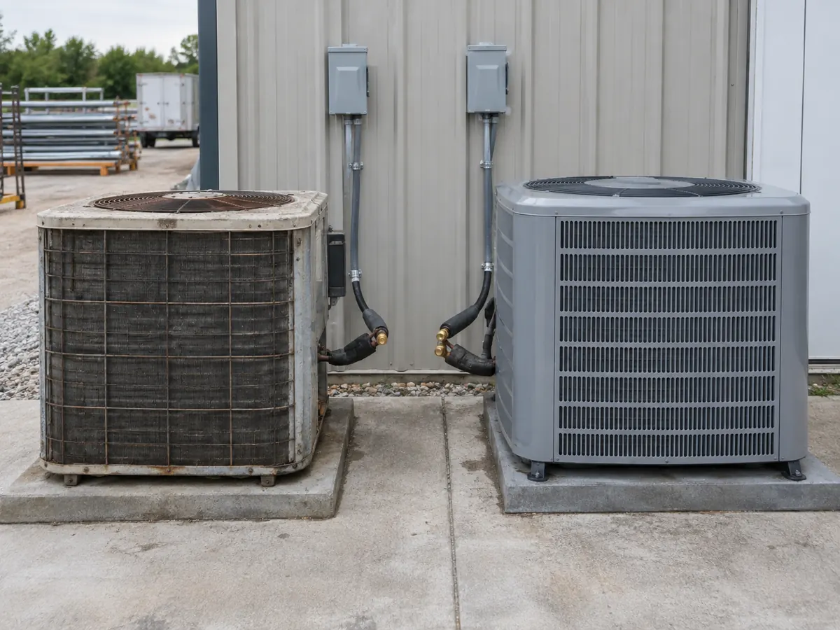 Older HVAC condenser beside a separate modern replacement system