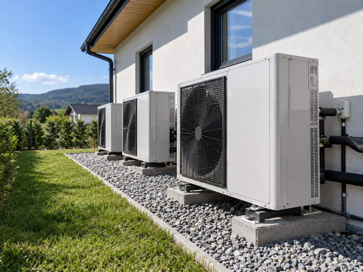 Multiple residential heat pump outdoor units installed beside a building