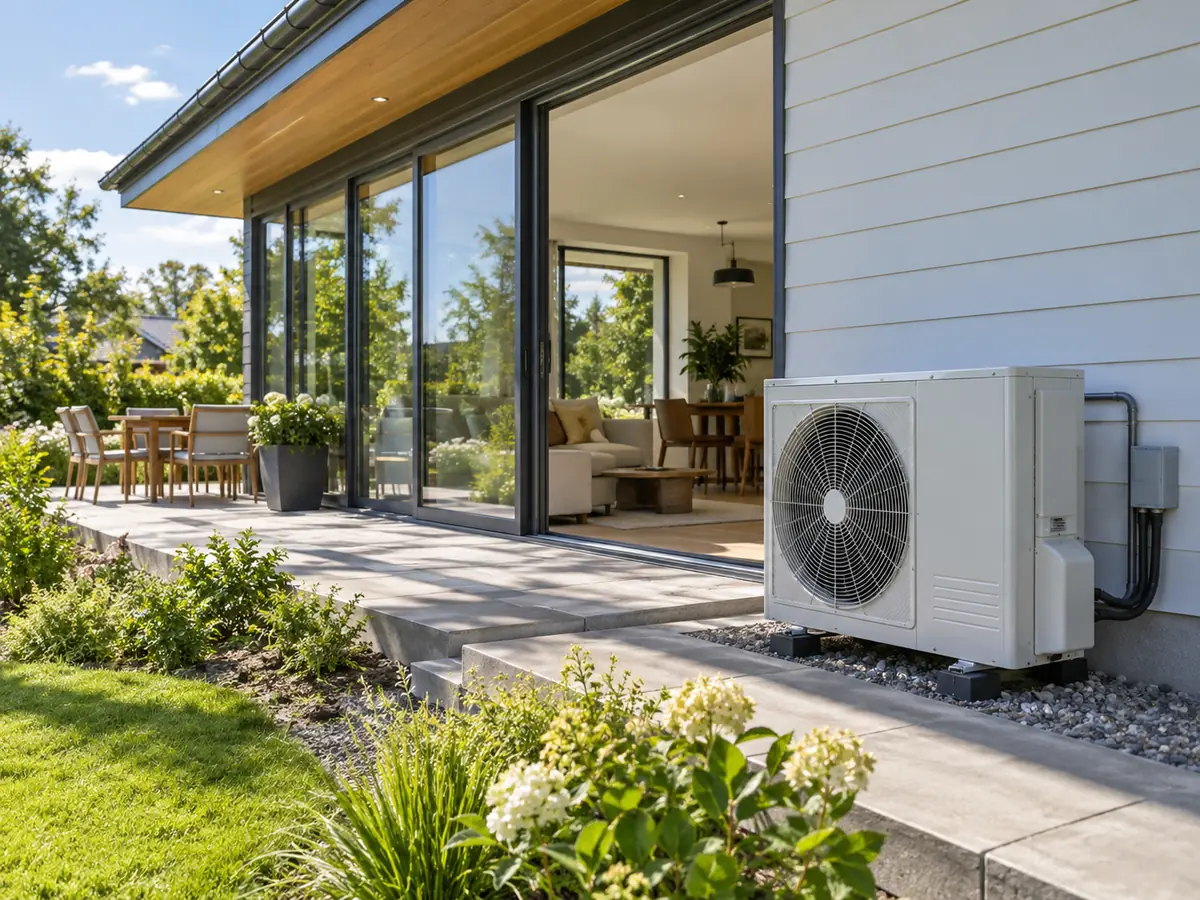 Reversible heat pump installation serving a modern home for heating and cooling.
