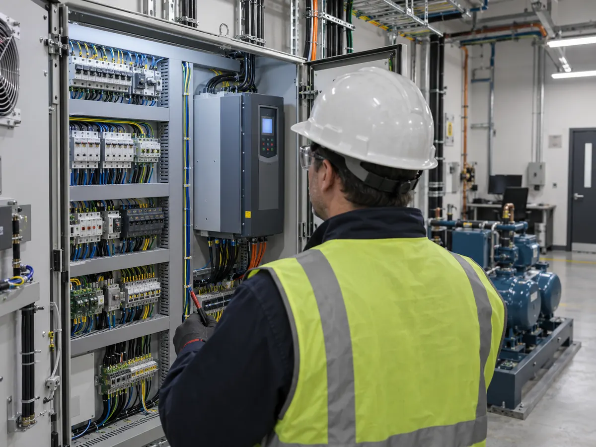 Technician checking HVAC controls and variable-speed drive equipment