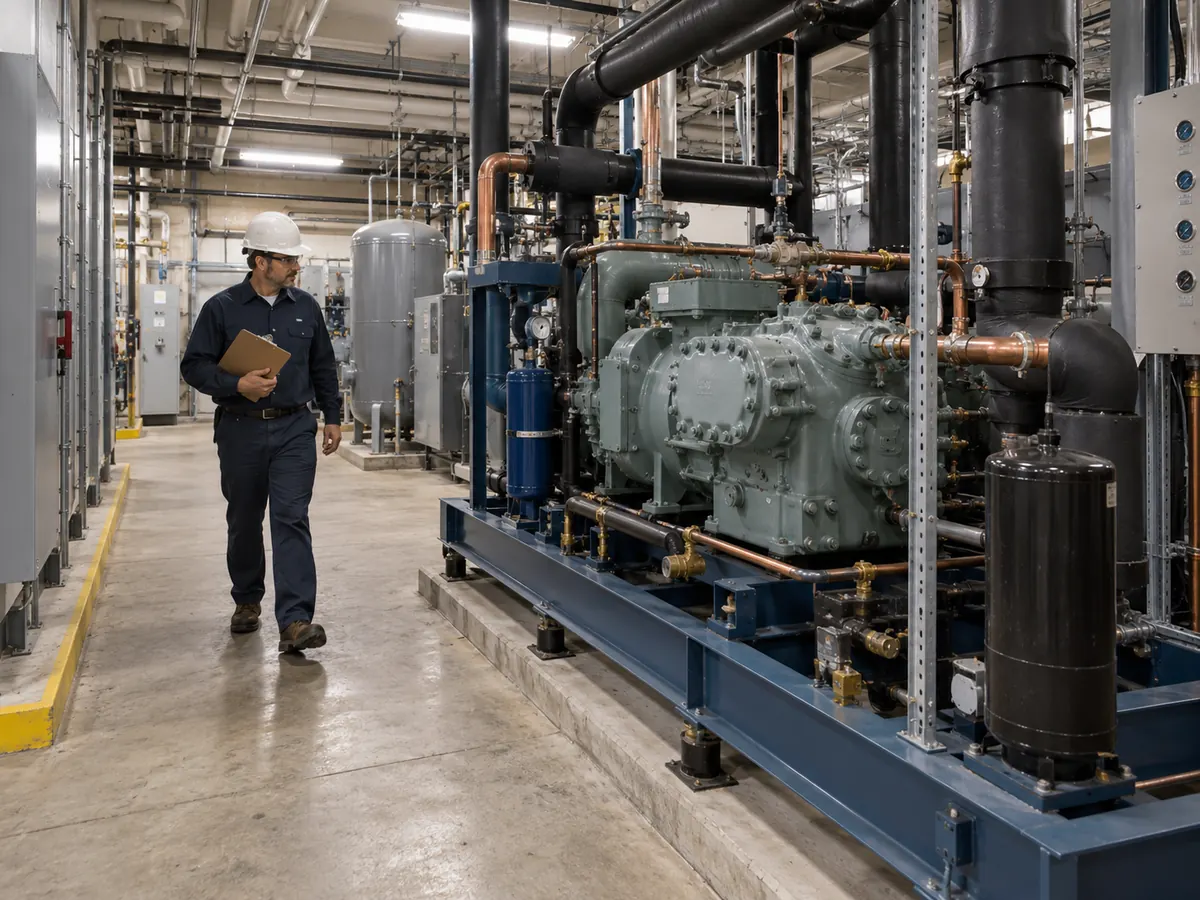 Semi-hermetic reciprocating HVAC compressor installed in a commercial mechanical room