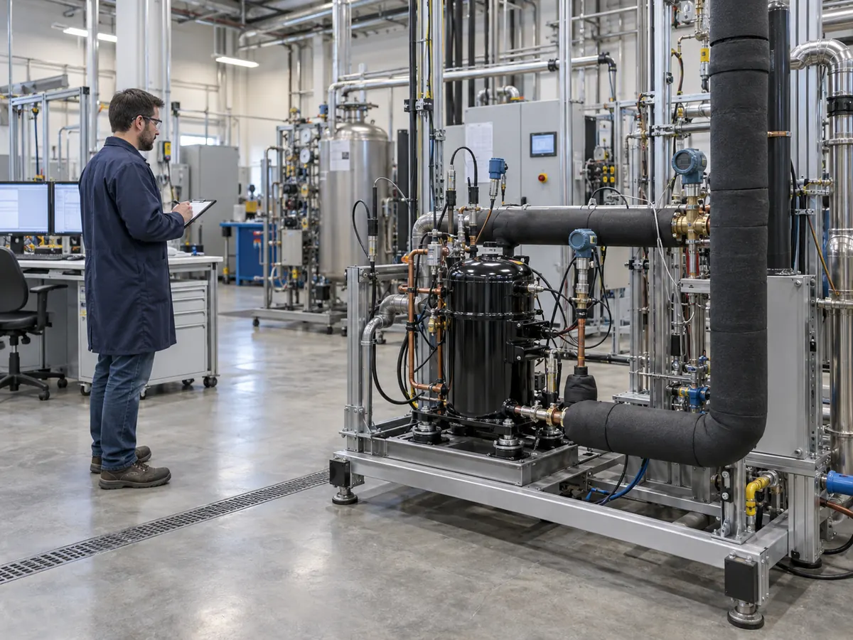 Instrumented HVAC compressor test cell used to verify operating conditions