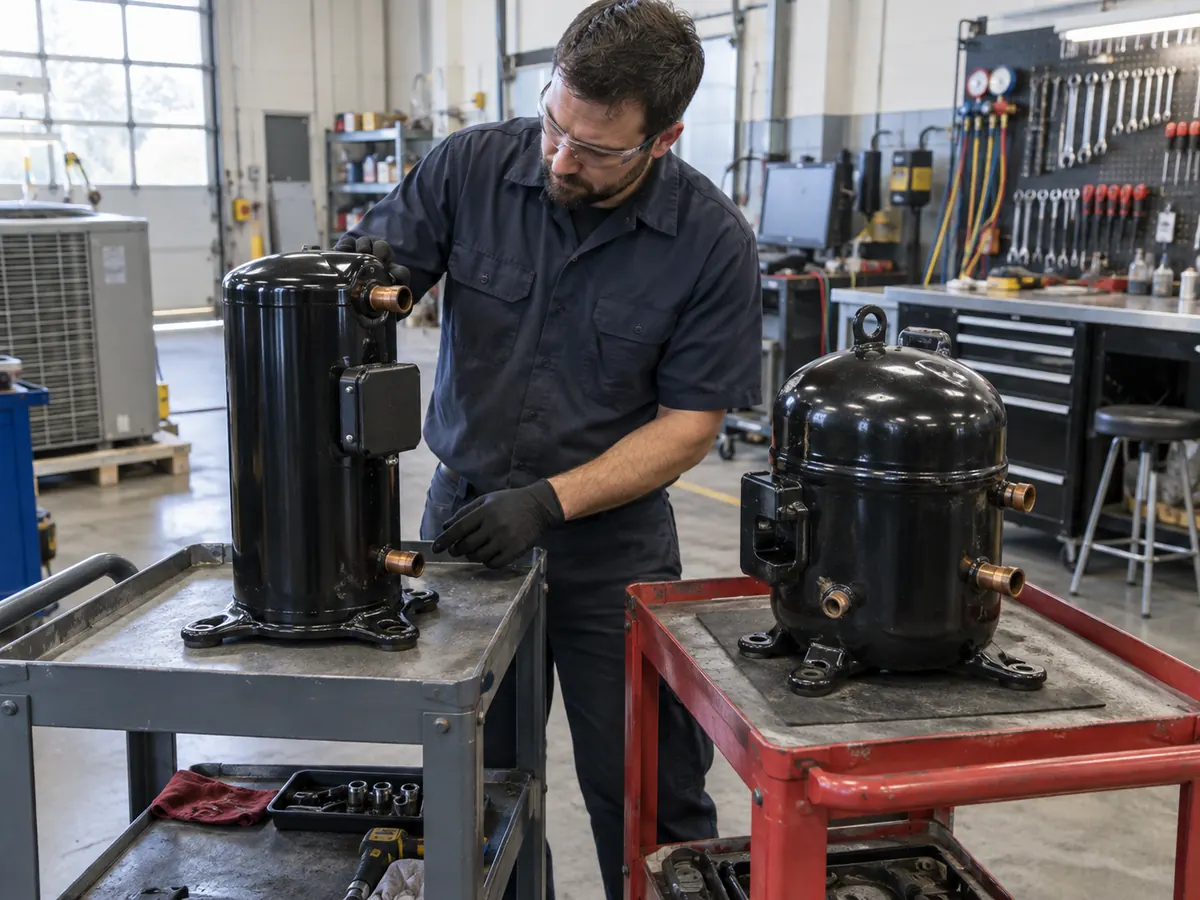 HVAC technician comparing different HVAC compressor types in a workshop