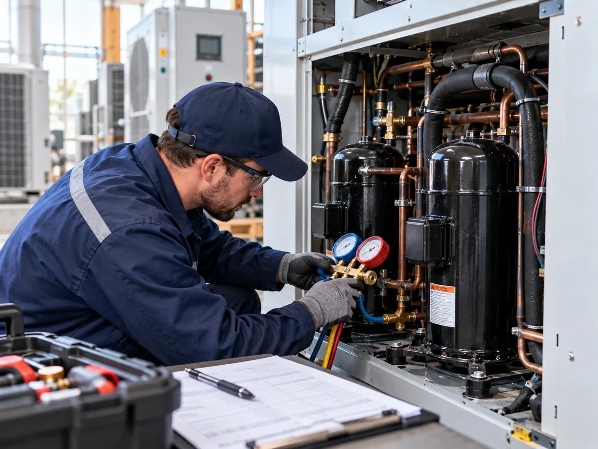 Technician checking HVAC compressor operating conditions during field service