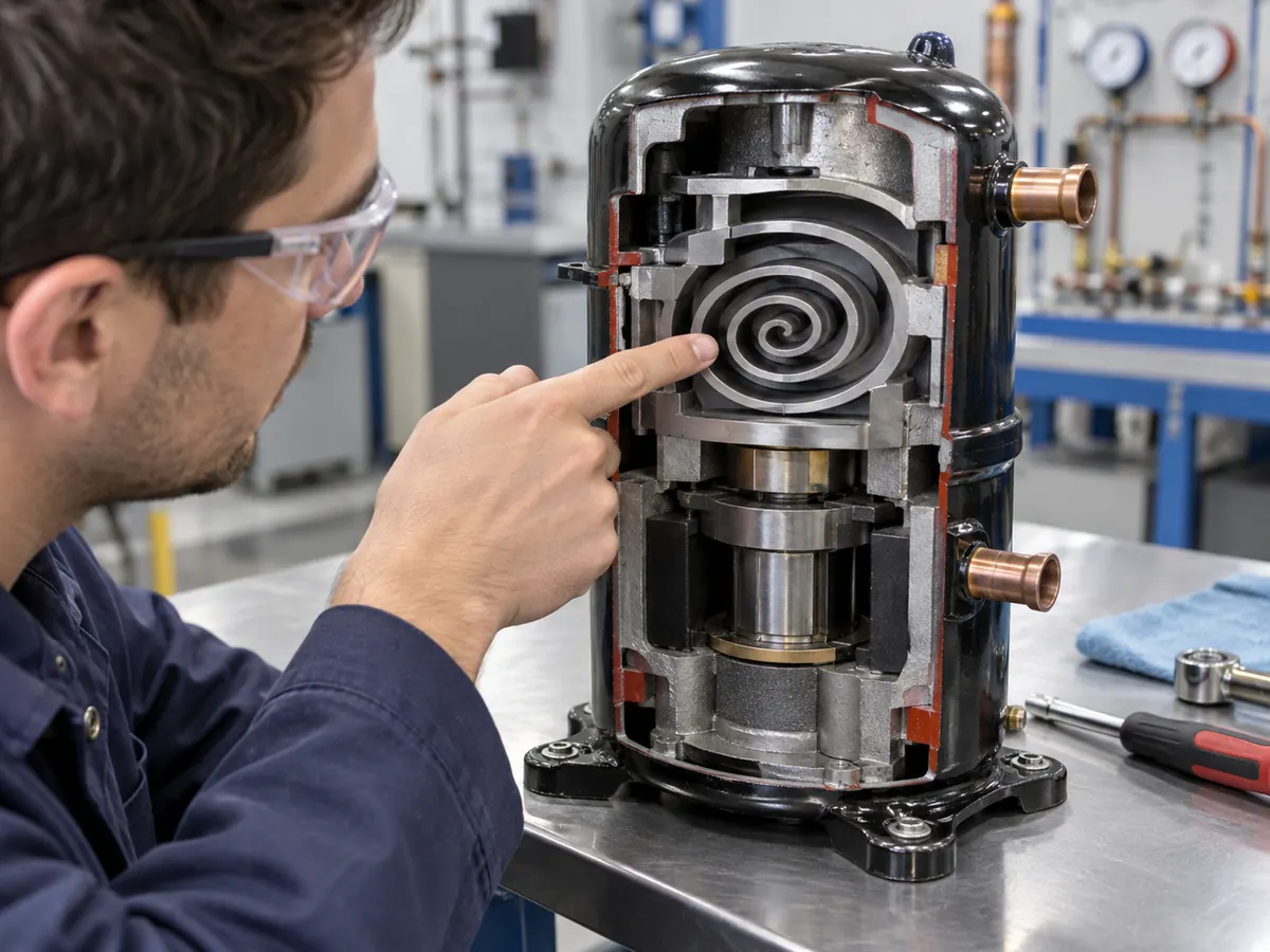 Cutaway scroll compressor showing the internal scroll mechanism
