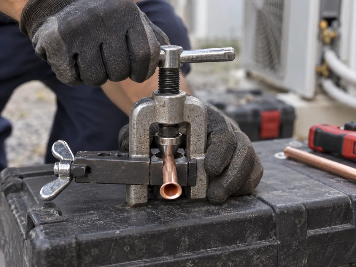 Technician forming a clean flare on copper refrigerant tubing for a split AC connection