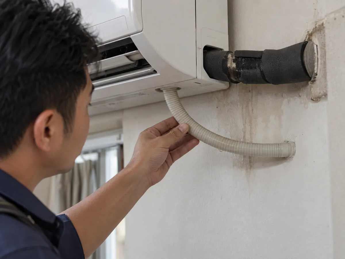 Technician inspecting a drain and insulation problem on a split AC service route