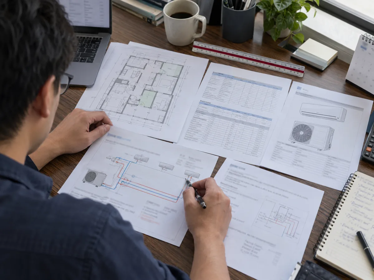 Representative HVAC engineering review of project load, power supply, pipe route and split AC data
