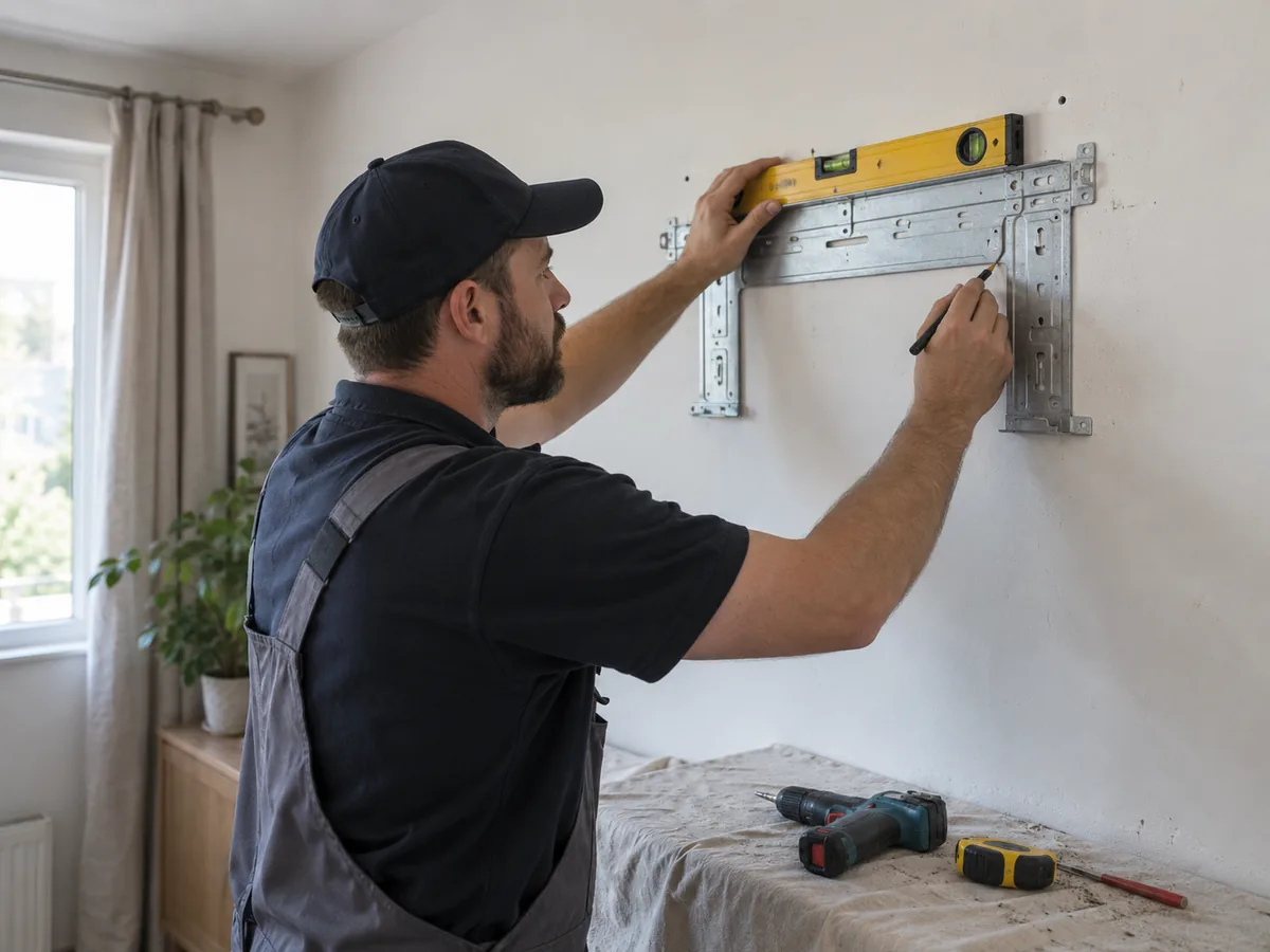 Technician levelling a split AC indoor mounting plate on a wall
