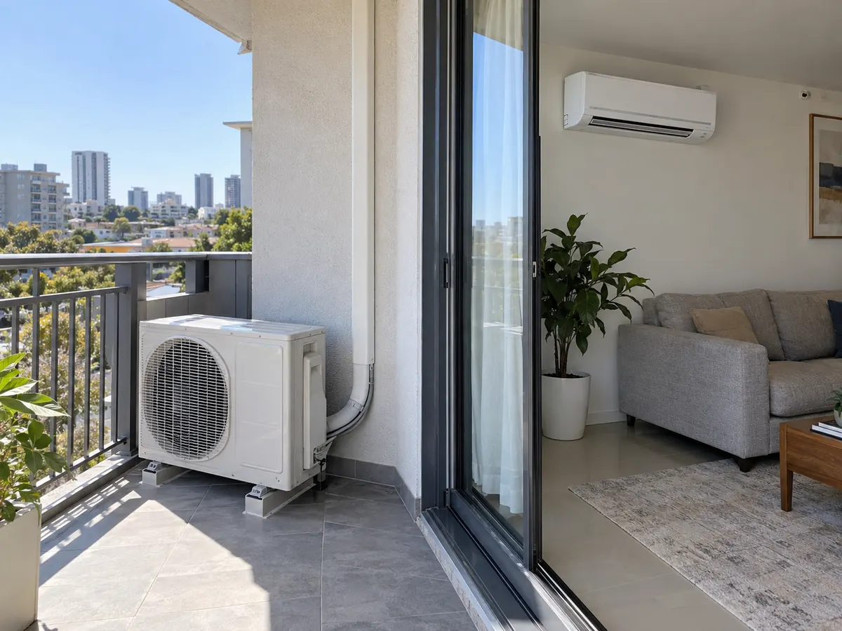 Split air conditioner with outdoor condenser on a balcony and indoor wall unit visible inside