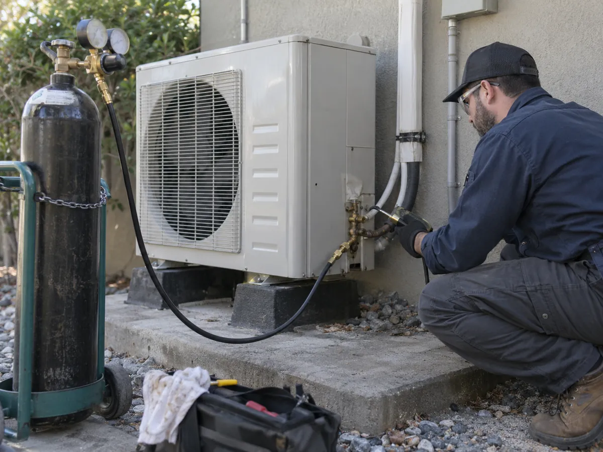 HVAC technician leak-testing a split AC refrigerant circuit with a secured nitrogen cylinder