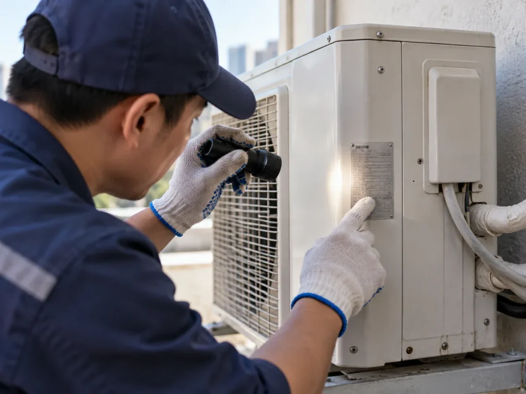 Technician checking the rated input nameplate on a split HVAC system