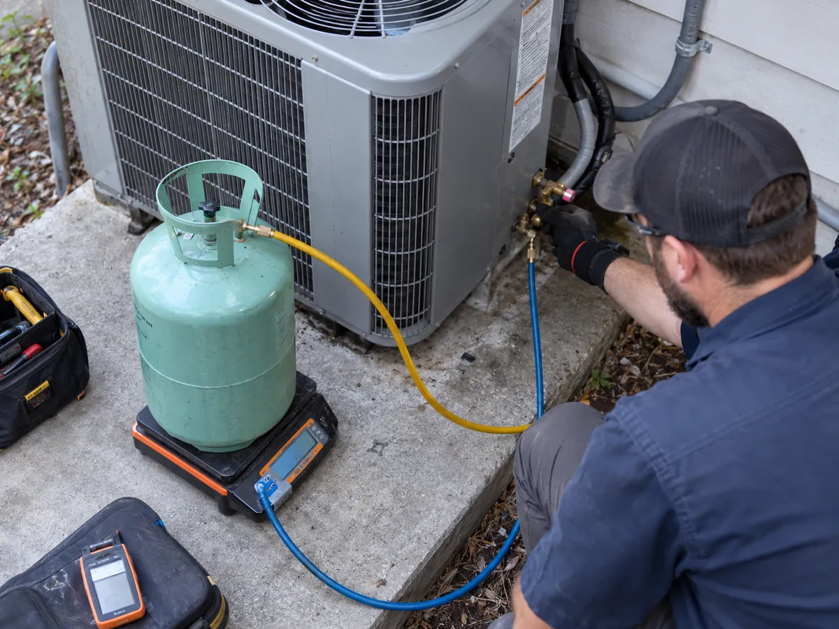 Refrigerant cylinder on a scale during a controlled split AC charge adjustment