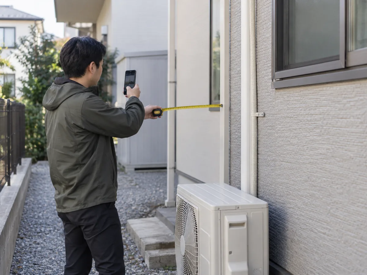 Person photographing and measuring a proposed outdoor-unit location for a split AC project enquiry