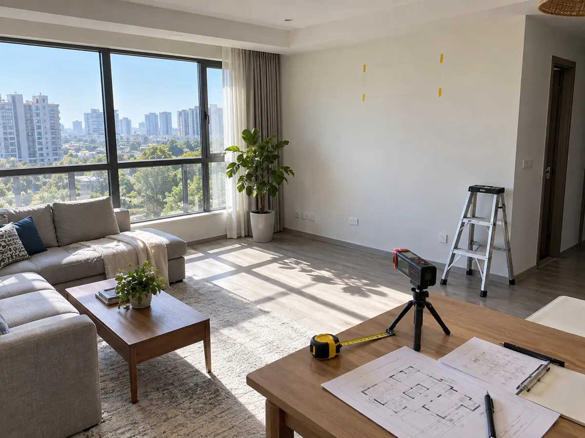 Room site survey showing windows, wall area and measuring tools before split AC selection