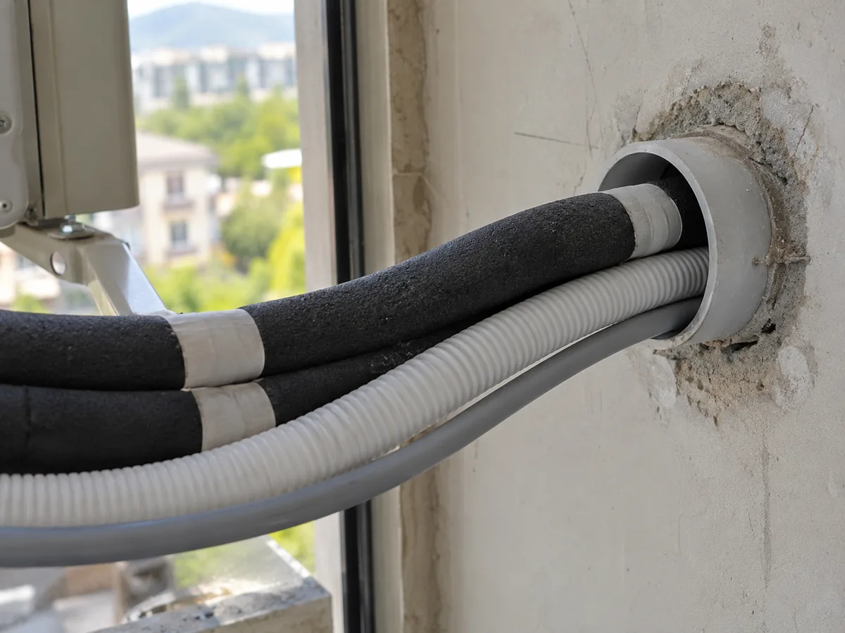Protected wall opening carrying insulated refrigerant pipes, drain hose and control cable for a split AC