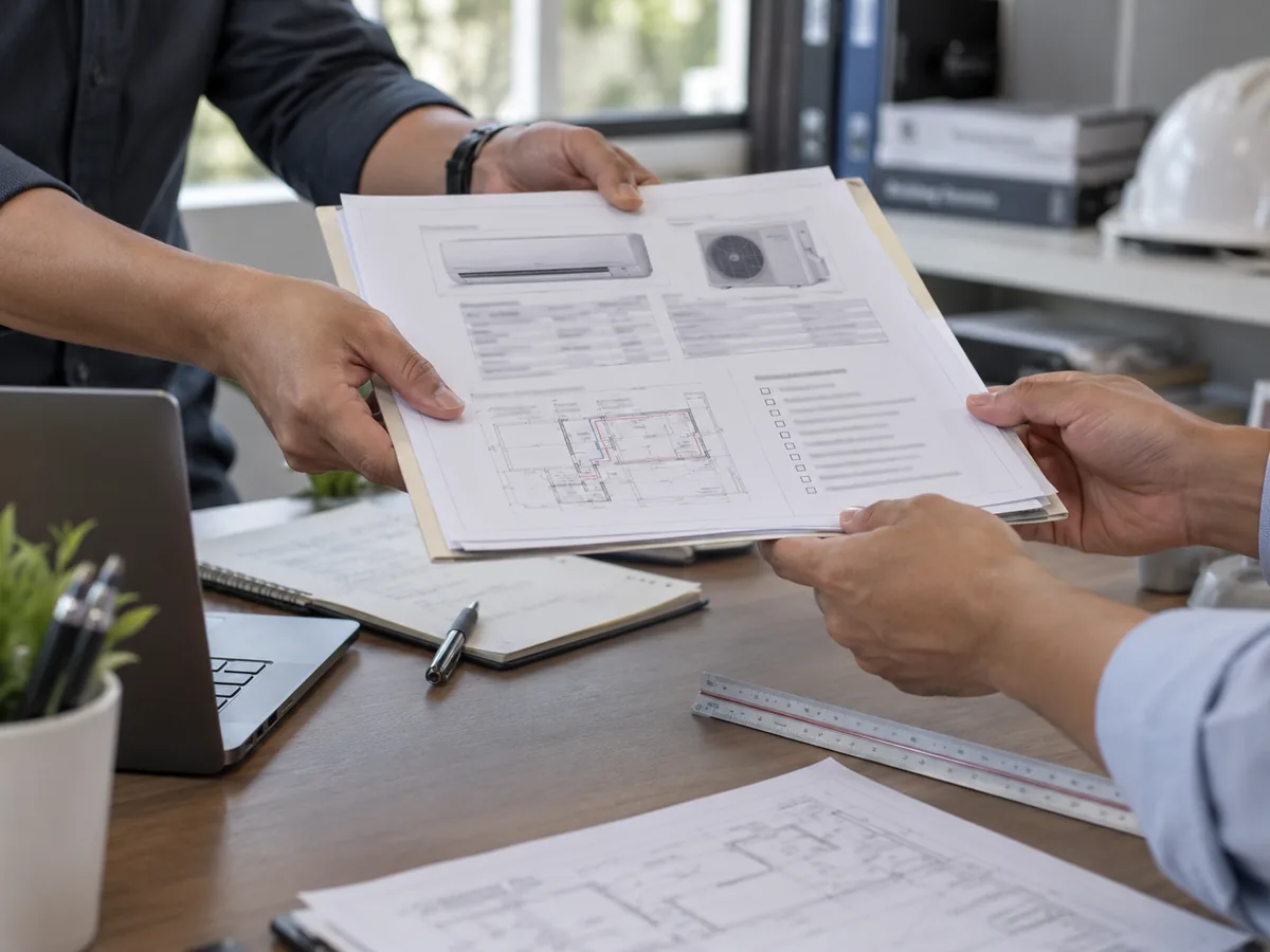 Representative split AC technical selection folder with project sketch and model data for review