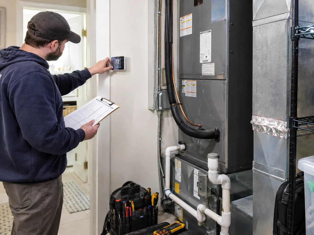 HVAC technician testing a thermostat beside the heat pump air handler during commissioning