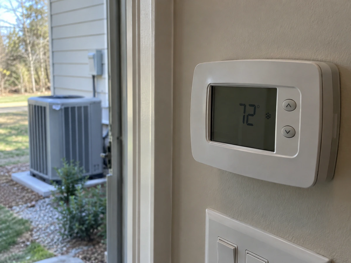 Wall thermostat with the outdoor heat pump visible during operating checks