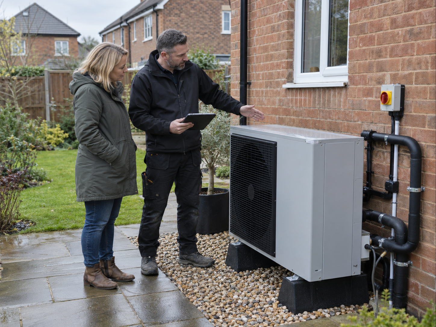Air-to-water heat pump installed beside a UK home during an installer consultation